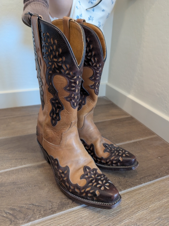 Old West Shoes - Old West Two-Tone Tan and Dark Brown Cutout Leather Heeled Cowboy Boots